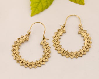 Boho Sunburst Hoop Earrings | Tribal Brass Earrings | Geometric Jewelry | Ethnic Statement Hoops