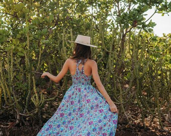 Original Back Bohemian Maxi Dress || Lightweight Floral Print Maxi Dress || Sleeveless Colorful Fluid Boho Dress