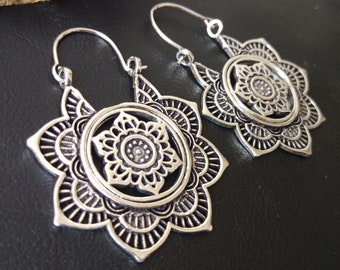 Floral Decorated Hoop Earrings || Mandala Ethnic Hoops || Women's Rings || Oriental Earrings