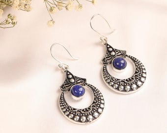 Ornate Gemstone Hoop Earrings | Ethnic Brass Dangle Earrings | Boho Tribal Jewelry | Filigree Statement Earrings | Nomadic Style Earrings