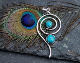 Minimalist Brass Spiral Pendant Necklace with Two Round Stones | Handmade Modern Jewelry