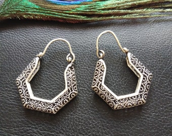 Filigree Hoop Earrings || Openwork Ethnic Earrings || Hexagonal Hoops  Earrings || Discreet Geometric Earrings