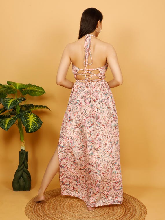 Handmade Floral Print Halter Dress: Backless Boho Gown