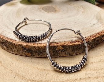 Everyday Tribal Earrings  Decorated With Minimaliste Designs Made With Wrapped Brass Wire || Small Silvered Effortless Hoop Earrings