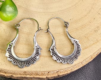 Serrated Hoop Earrings Inspired by a Stylized Flower Petal || Ethnic Silvered Brass Hoop || Small Bohemian Original Earrings