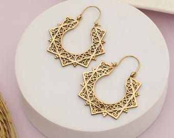 Oriental Geometric Earrings|| Vegetal Pattern Mandala Hoop Earrings || Boho Ethnic Hoops ||