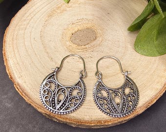 Small Delicate Ethnic Intricate  Swirls Hoops || Mini Openworked Silvered Oriental Brass  Hoop Earrings || Intricate Bohemian Inspired Hoops