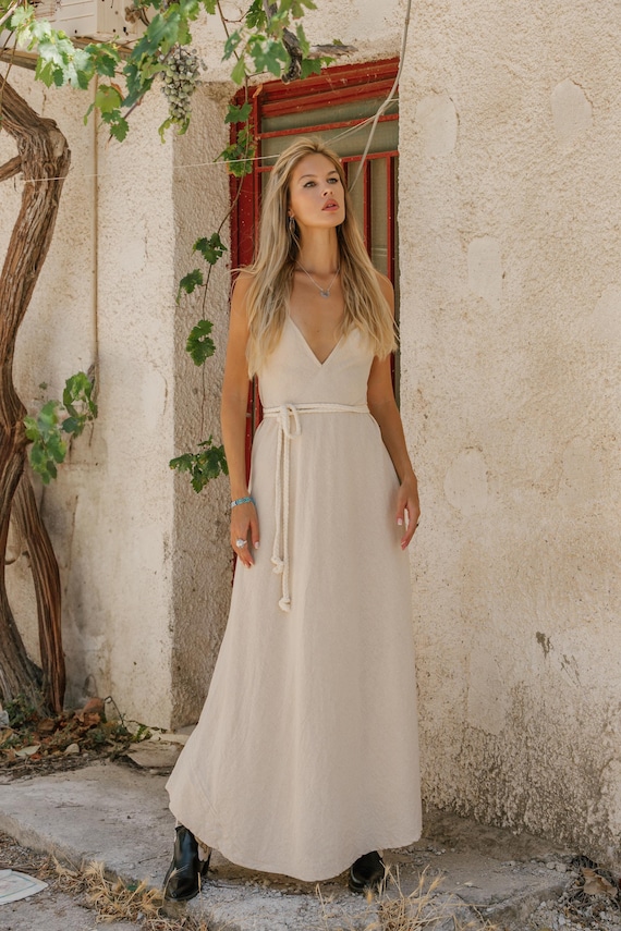Raw Cotton Goddess Dress: Boho Vegetable Dye Tie-back Gown - Etsy Israel
