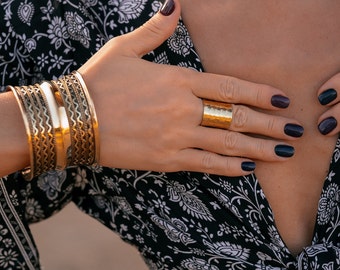 Hammered Minimalist Wide  Ring || Adjustable Tubular Band Ring || Boho Adjustable Brass Ring