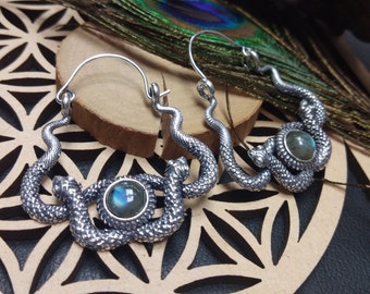 Double Snakes Hoops With Labradorite  || Norse Mythology Tribal Earrings With Gemstones || Two Snakes Medusa Earrings With Natural Stone