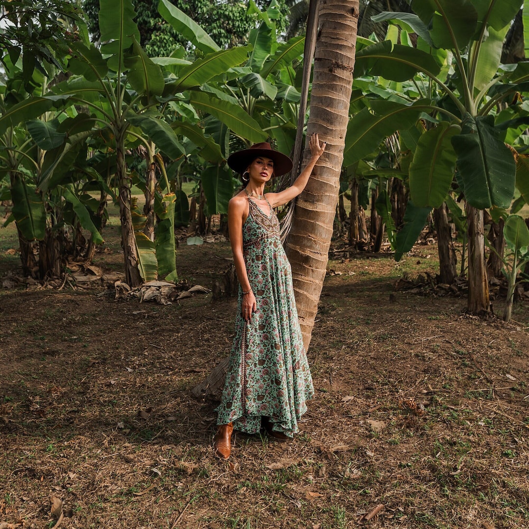 bohemian green maxi dress SELENA Long Dress Goddess Sage Green Maxi Open Back Cotton AJJAYA
