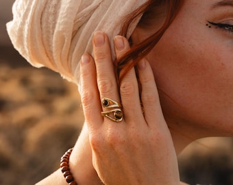 Adjustable Ring with 2 Gemstones || Boho Brass Ring with Natural Stones || Minimaliste Ring With Semi Precious Stones