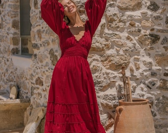 Long Wine Color Medieval Dress With Ruffles ||  Plain Cotton  Boho Dress || Fitted Maxi Dress With Long Puffed Sleeves