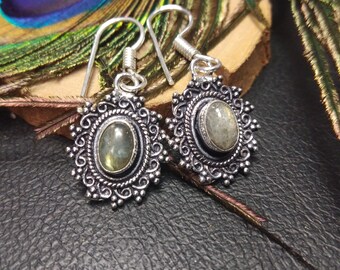 Small Silver Color Dangling Earrings With Semi-Precious Stones || Small Boho Ethnic Gemstone Earrings || Oval Earrings With Natural Stones