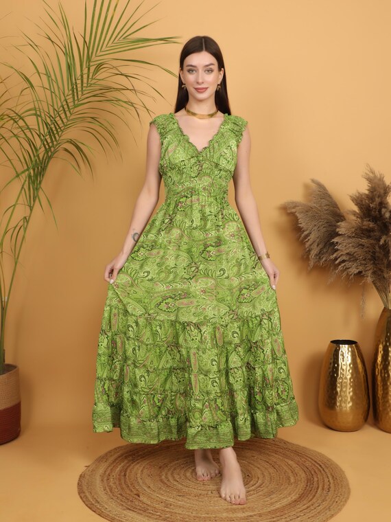 earthy green dress SELENA Long Sage Maxi Open Back Boho Festival Naturally Dyed Block Printed Tribal Hippie Patterns AJJAYA Moss Faux Suede Lace Panel Maxi Dress features a back zipper closure and earthy moss Sage Earthy Green Bridesmaid Dresses