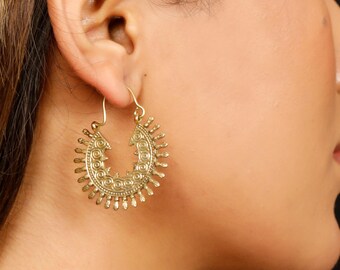 Decorated Hoop Earrings || Gypsy Earrings || Serrated Flat Hoops || Oriental Earrings