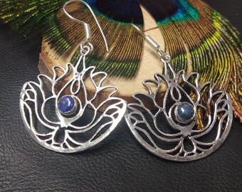 Lotus Silver Dangling Earrings With Fine Stone || Ethnic Flower Earrings with Semi Precious Stones