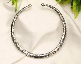 Silvered Brass Ethnic Chocker With Baroque Ethched Patterns Inspired By Viking Torque || Hollow Tubular Rigid Tribal Necklace