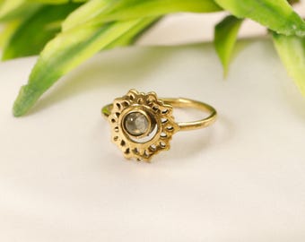 Mandala Ethnic Ring with Natural Stone || Rosette Adjustable Ring With Semi Precious Stone || Bohemian   Brass Ring with Gemstone