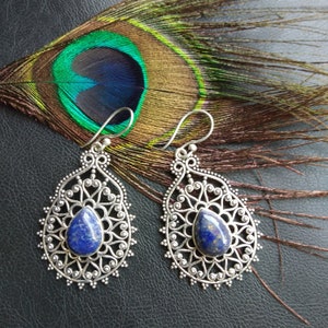 Oriental Earrings || Silver Dangling Earrings with Natural Stones || Ethnic Jewelry Stones