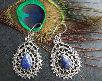 Oriental Earrings || Silver Dangling Earrings with Natural Stones || Ethnic Jewelry Stones
