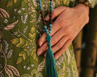 Mala Necklace Rudraksa Wood and  Turquoise Color Beads || Long Hindu Necklace For Meditation || Natural Material Spiritual Jewelry