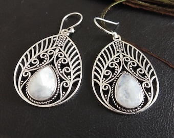 Ethnic Teardrop Filigree Earrings | Boho Dangle Jewelry | Ornate Scrollwork Statement Drops | Silver Tone Gemstone Earrings