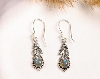 Oak Leaf Earrings with Natural Gemstones | Botanical Silver Dangles | Woodland Artisan Jewelry | Forest Inspired Jewelry