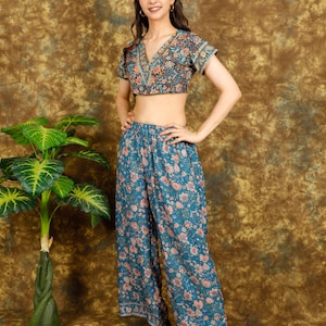 Petrol Blue Floral Print Casual Pants