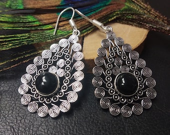 Silver Dangling Earrings With Semi Precious Stones || Bohemian Chic Ethnic Gemstone Earrings || Ethnic Drop Earring with Gem Stone