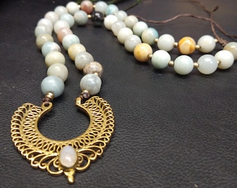 One of a Kind Amazonite Necklace with Golden Moonstone Pendant || Semi Precious Stone Boho Necklace With Half Moon Ethnic Pendant