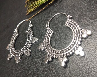 Silver Color Ethnic Earrings || Dots Decorated Hoops || Bohemian Chic Hoop Earrings || Round Shape Hoops || Handmade Women's Hoops Earrings