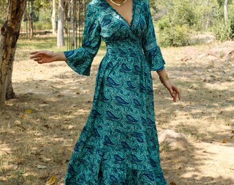 Bohemian Paisley Polyester Dress || 3/4 Sleeves Colorful Fluid Dress || Free Size Summer Dress || Petrol Blue Flared Sleeves Dress