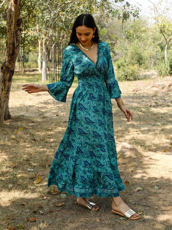 bohemian paisley dress Handmade Dress: Petrol Blue Flared Sleeve Maxi and playful ruffle skirt STATEMENT-BRIDE Sail To Sable Ruffle Color:PEARL hippy gypsy boho dresses