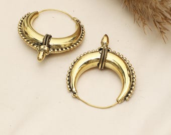 Golden Tone Tribal Crescent Hoop Earrings With a Dotted Border | Ethnic Brass Jewelry | Bohemian Earrings With Coiled Wire Accent