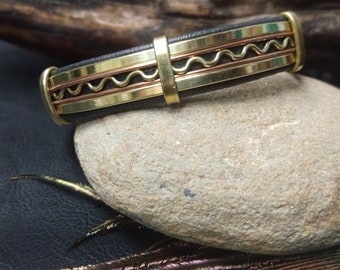 Sober Men's Leather Brass and Copper Cuff || Minimalist Unisex Leather Brass and Copper Bracelet || Black Men's Leather Wristband