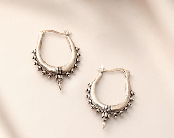 Tribal Hoop Earrings | Oriental Boho Hoop Earrings | Ethnic Festival Jewelry | Textured Dotted Edge Brass Earrings