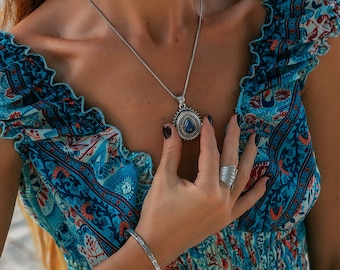 Drop-Shaped Box Pendant With Stone || Amulet Pendant with Semi Precious Stone || Ethnic Talisman Pendant || Secret Box Openable Locket