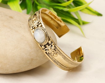 Smooth Ethnic Cuff  Bracelet With Gemstones || Brass Adjustable Medieval Bangle Bracelet || Floral Motifs Decorated Boho Cuff Bangle