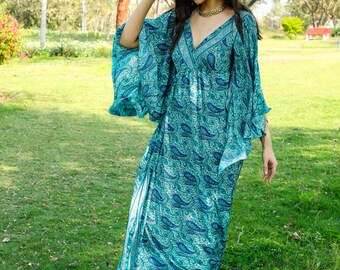 Petrol Bohemian  Long Butterfly Sleeves Maxi Dress || Low Back Paisley Print Maxi Dress || V Neckline Polyester Dress