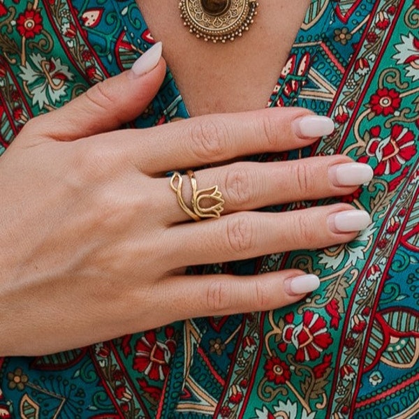 Stylized Lotus Adjustable Ring || Bohemian Adjustable Brass Ring || Ethnic Ring Symbol of Spiritual Elevation || Mystical Jewelry