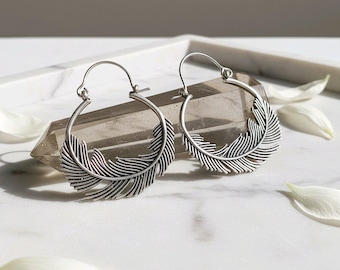 Bohemian Feather Hoop Earrings | Ethnic Silver Tone Brass Statement Dangle Earrings