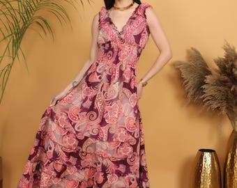 Boho Paisley Maxi Dress with Ruffles | Burgundy and Coral Silk-Feel Polyester Tiered Dress | Flowy Bohemian Festival & Vacation Outfit