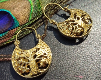 Tree of Life Hoop Earrings || Small Ethnic Hoop Spiritual Pattern || Yggdrasil Viking Symbol Earrings