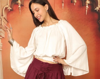 Medieval-inspired off-white viscose blouse || Elasticated waist bodice, gathered boat neckline || Puffed Crop top with flaired sleeves