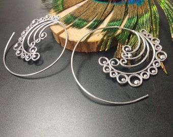 Silver Spiral Earrings || Swirls Ethnic Earrings || Arabesque Tribal Earrings || Original Earrings