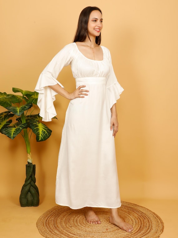 Handmade off White Viscose Dress: Medieval Princess Ruffled Sleeve Gown