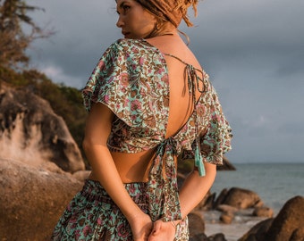 Bohemian Chic Open Back Top || Butterfly Sleeves Open Back Crop Top || Floral Print Ethnic Crop Top