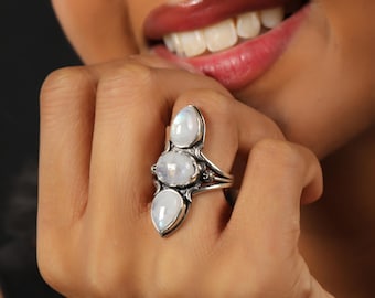 Triple Gemstone Silver Tone Long Brass Ring | Boho Adjustable Statement Jewelry | Oriental Design Band