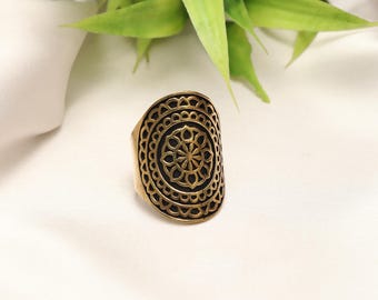 Boho Mandala Statement Ring | Vintage Tribal Brass Ring | Ethnic Shield Ring | Nomadic Symbol Jewelry | Adjustable Statement Ring